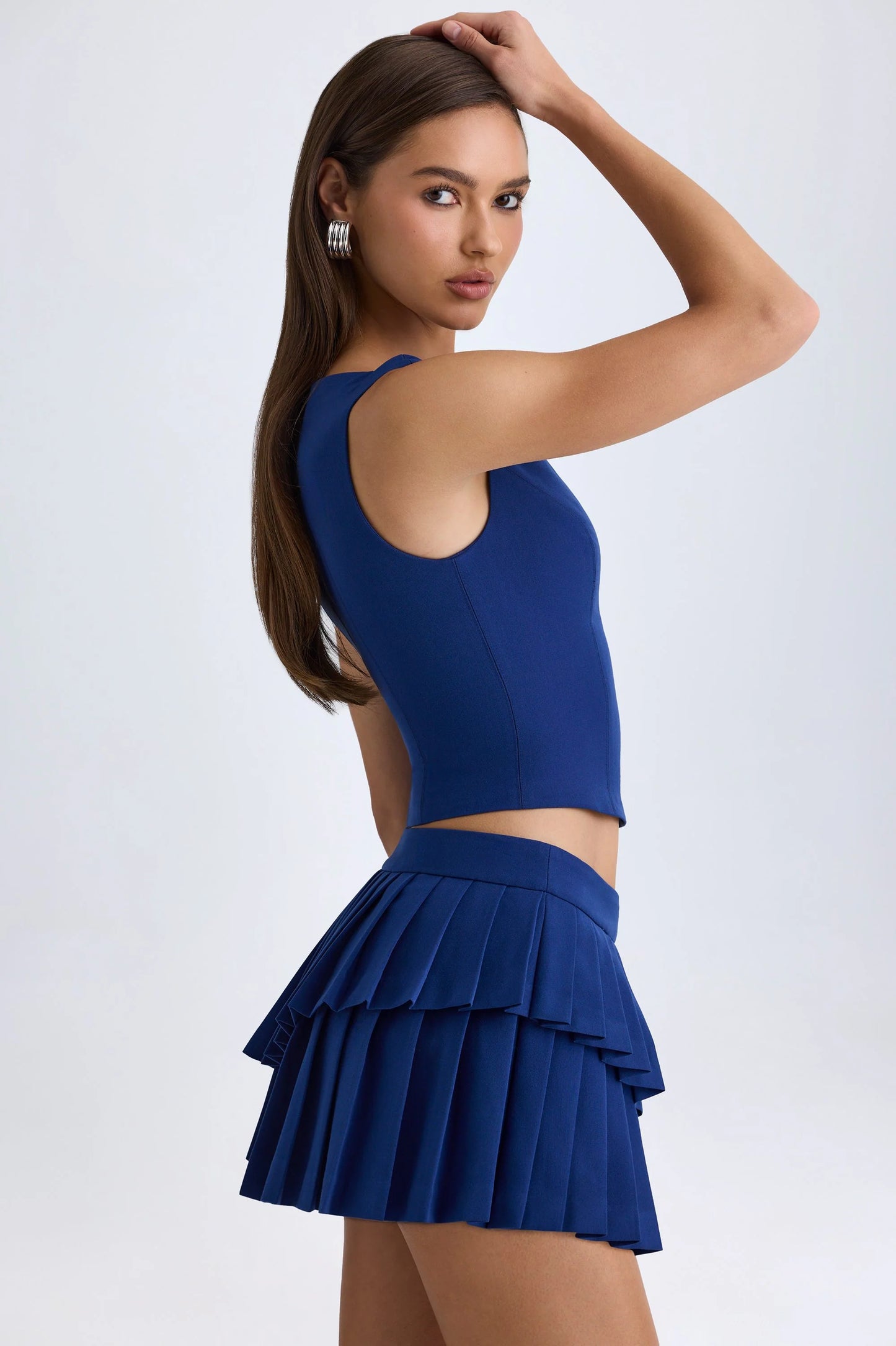 Layered Pleated Low-Rise Mini Skirt in True Navy