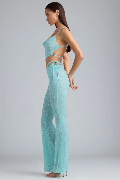 Embellished Cut-Out Flared Trousers in Ice Blue