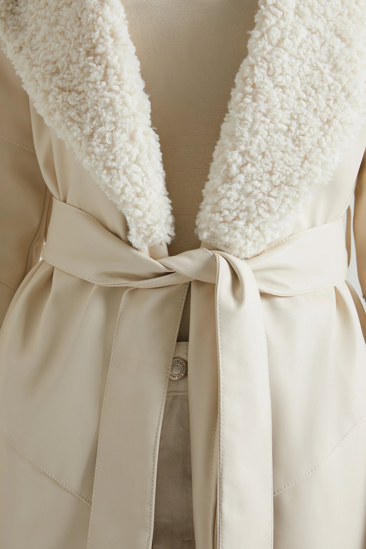 Tie Up Coat with Shearling Collar and Cuffs in Cream