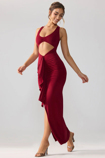 Slinky Jersey Cut Out Ruffle Racerback Maxi Dress in Ruby