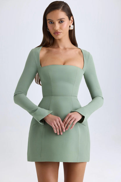 Square-Neck Structured Tulip Mini Dress in Khaki Green