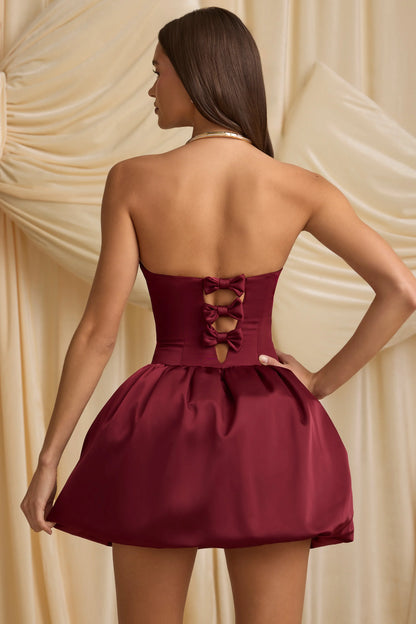 Convertible Bow-Detail Bubble Hem Midaxi Dress in Wine Red