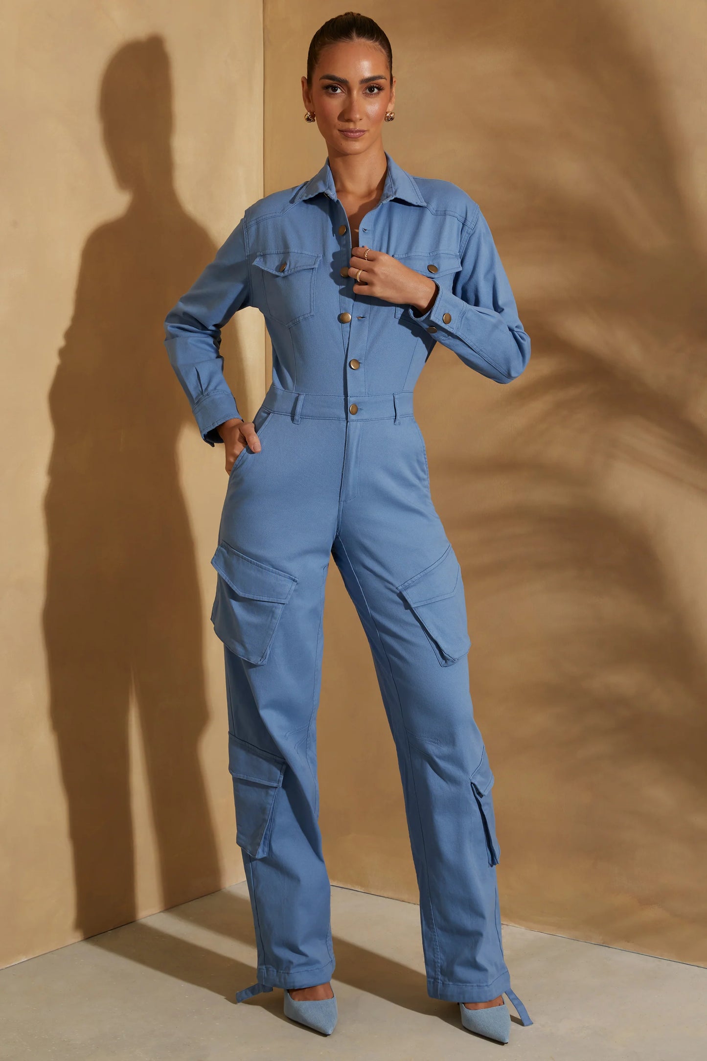 Wide Leg Long Sleeve Cargo Jumpsuit in Dark Blue