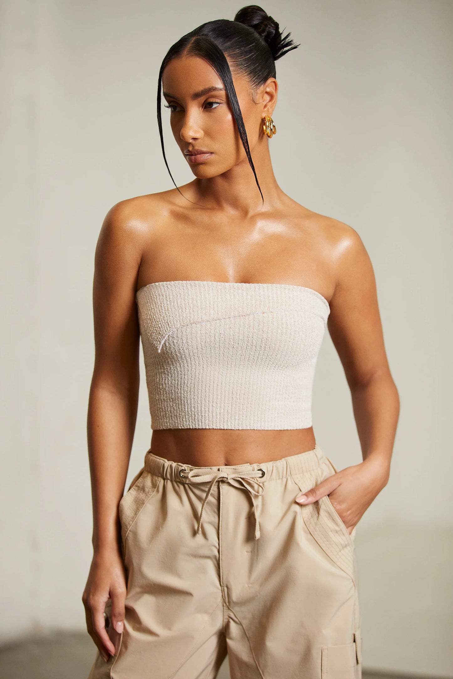 Overlap Bandeau Crop Top in Beige