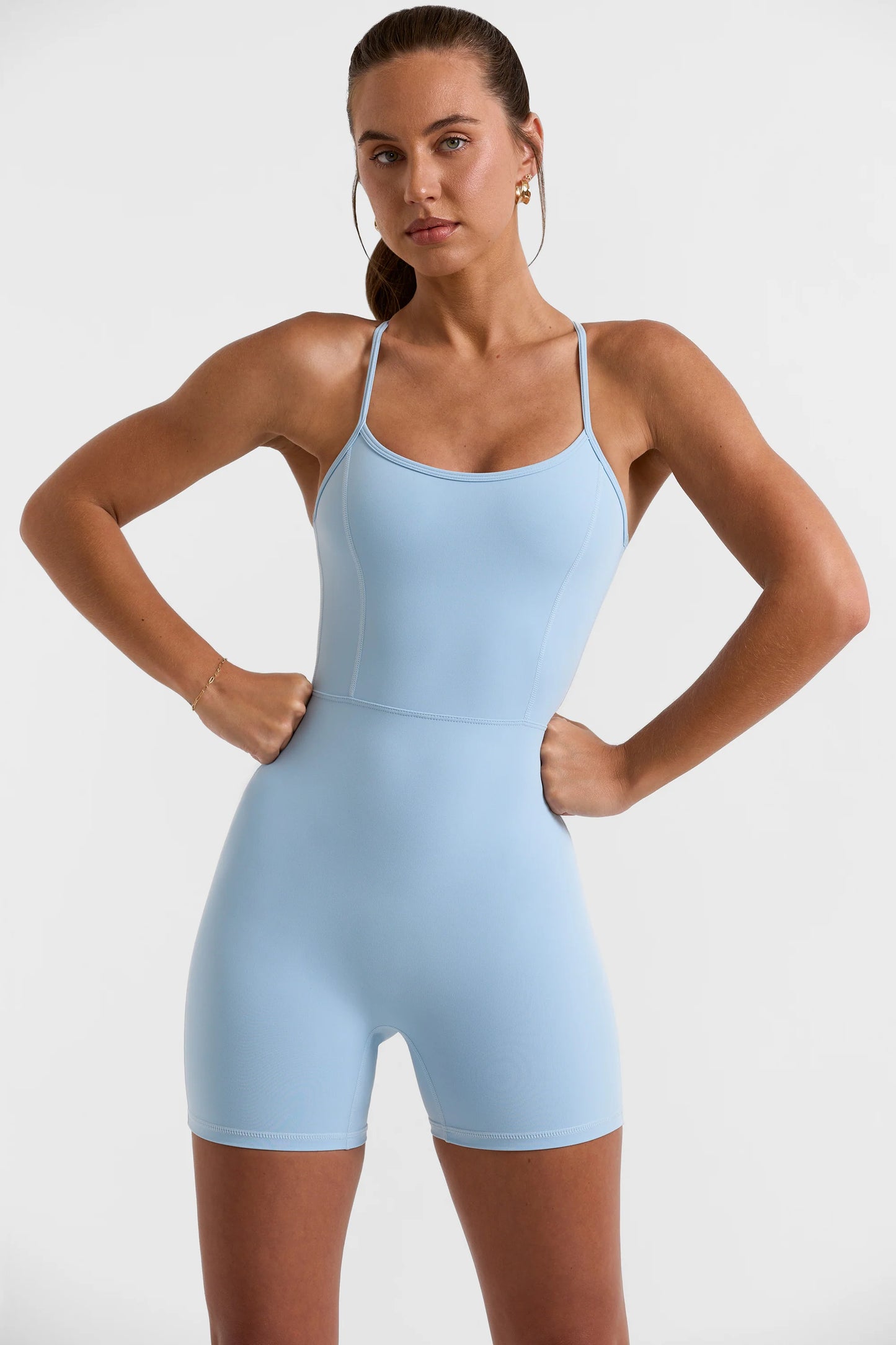 Scoop Neckline Open Back Unitard in Ice Blue