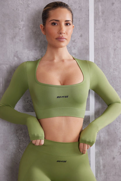 Long Sleeve Crop Top in Olive