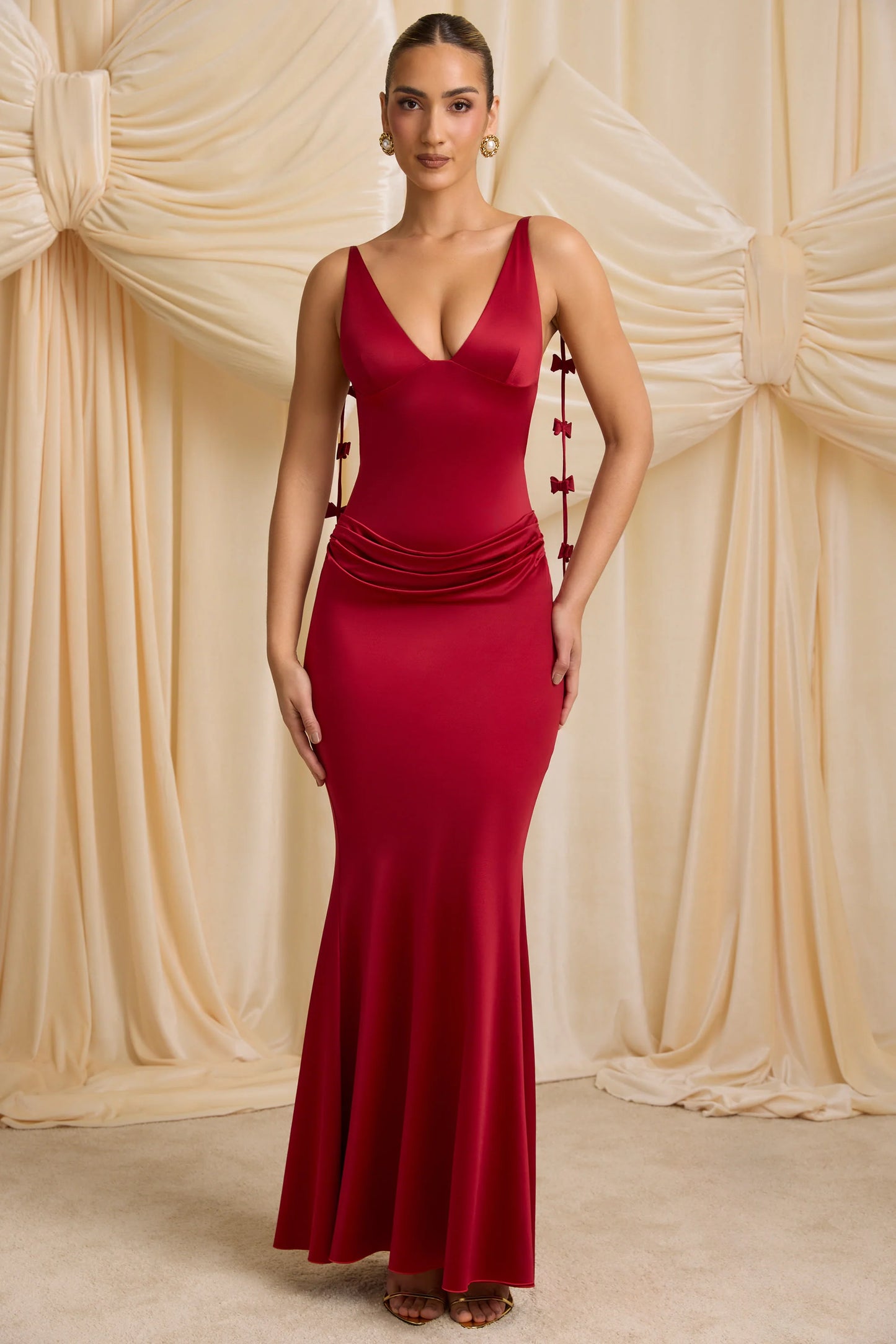 Bow-Detail Draped Open-Back Gown in True Red