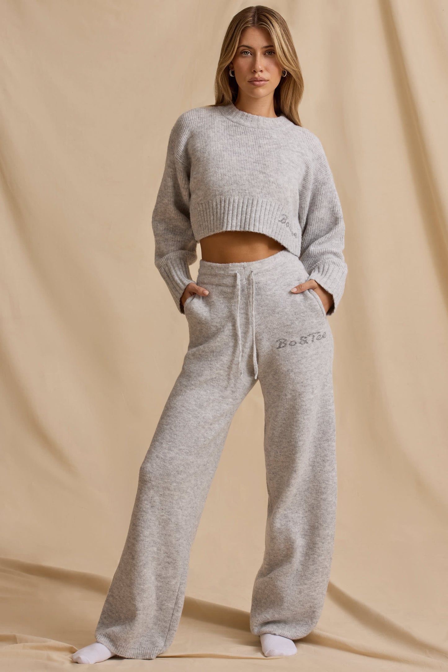 Mid-Rise Wide-Leg Joggers in Ice Marl