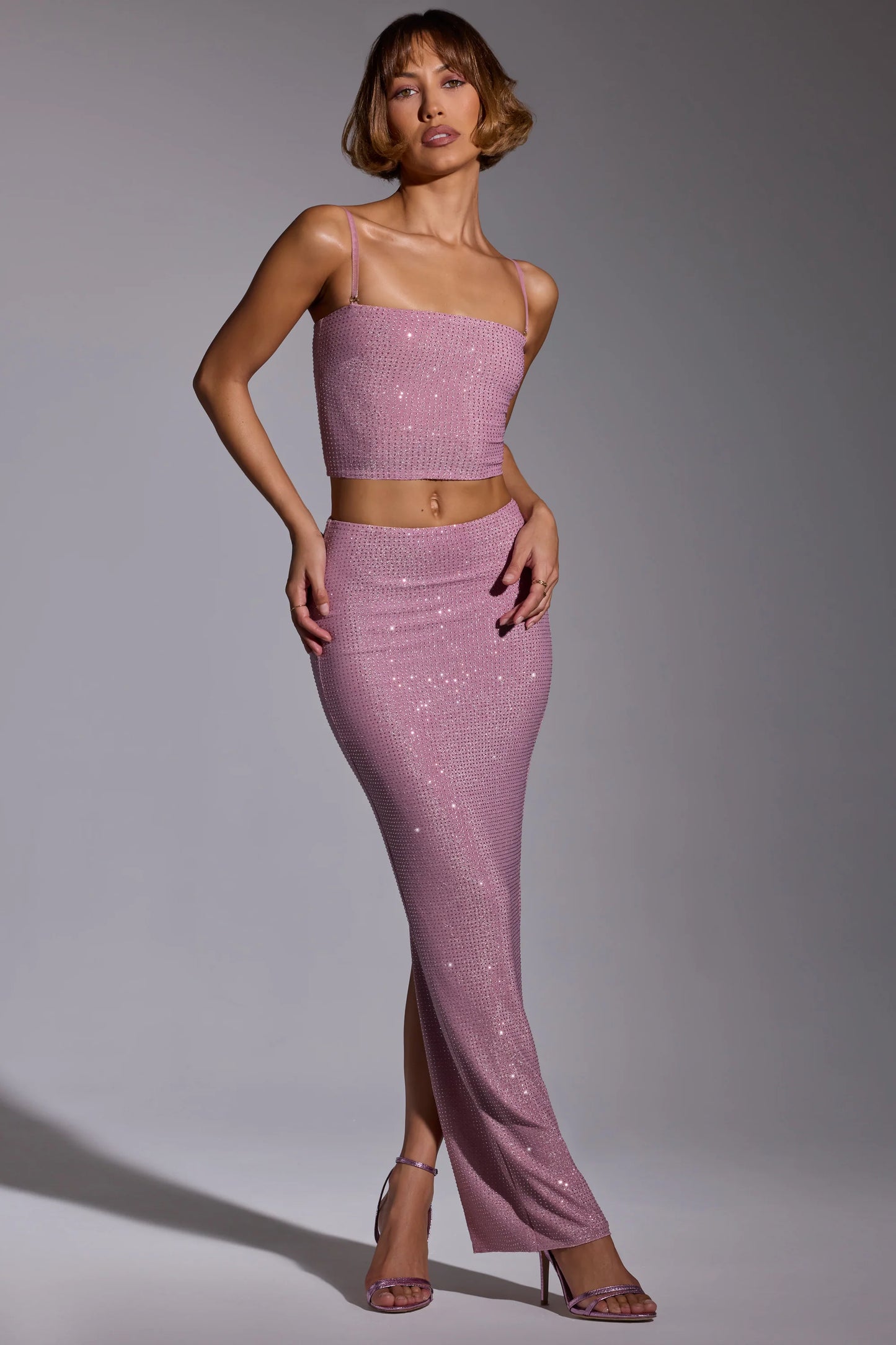 Embellished Mid Rise Gown Skirt in Light Pink