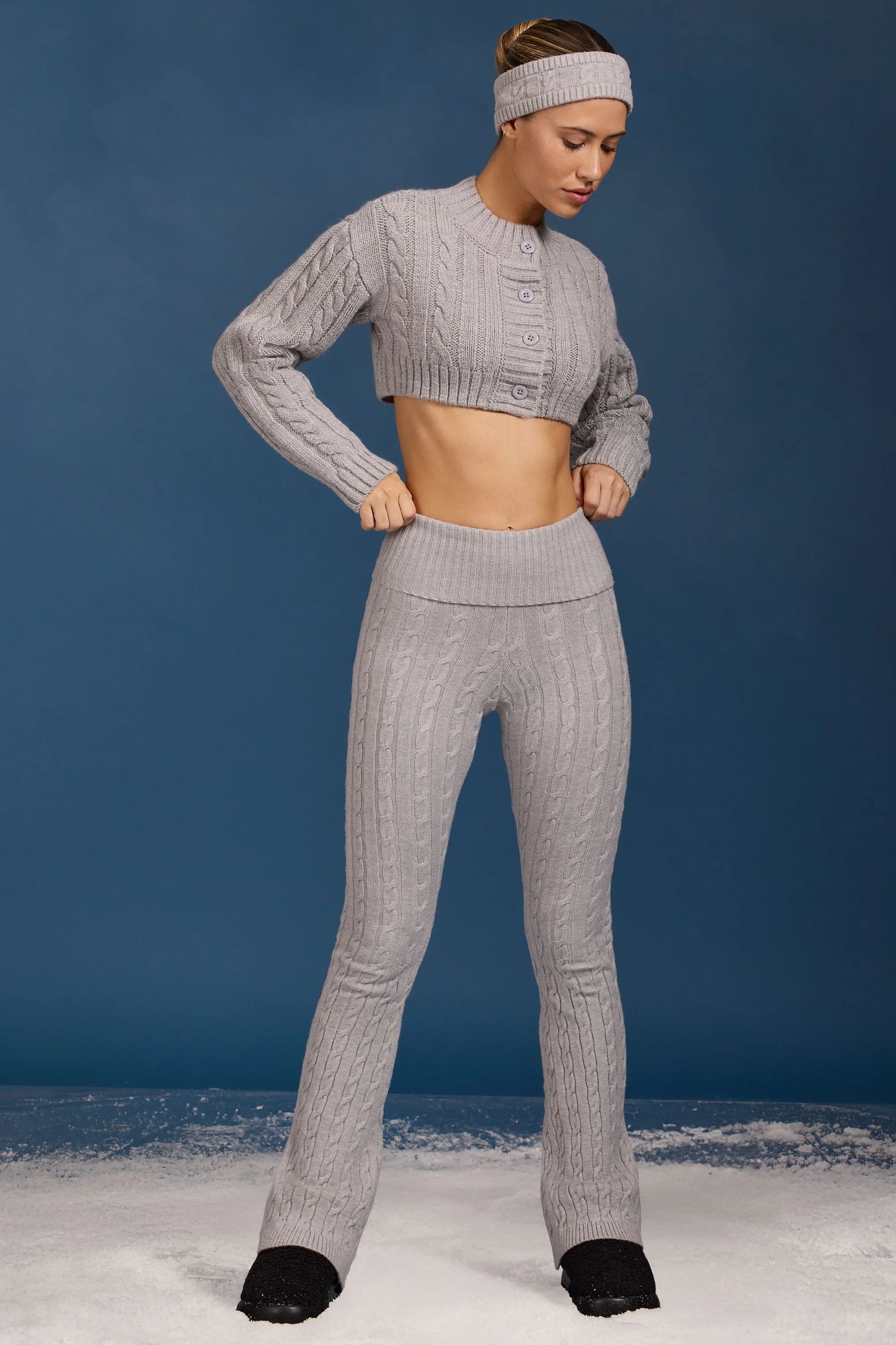 Cable-Knit Flared Trousers in Grey Marl