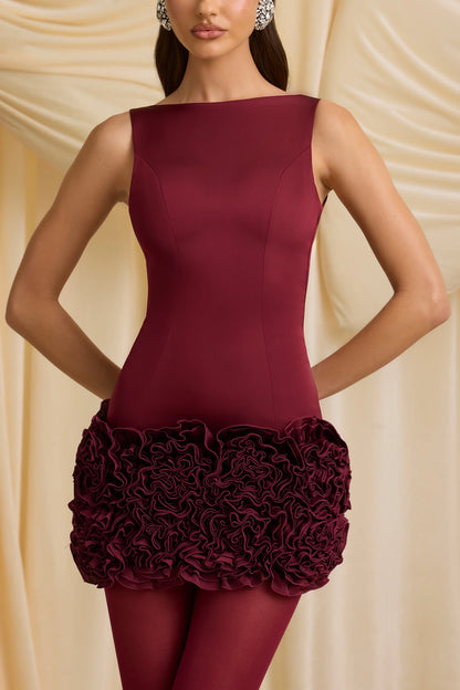 Appliqué Open-Back Mini Dress in Wine Red