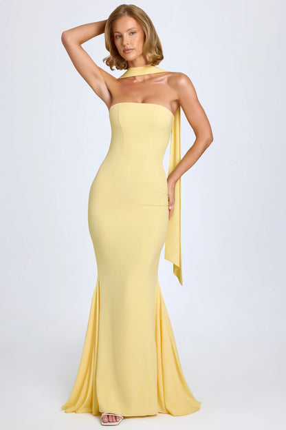 Scarf-Detail Strapless Gown in Pastel Yellow