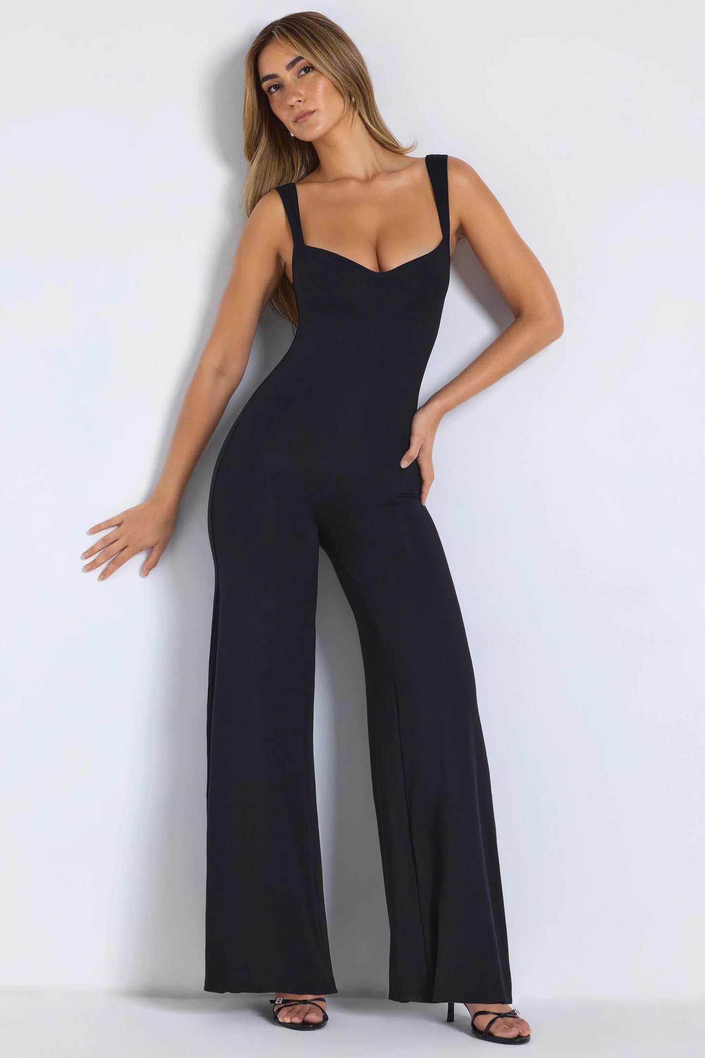 Tall Modal Sweetheart Neckline Wide Leg Jumpsuit in Black