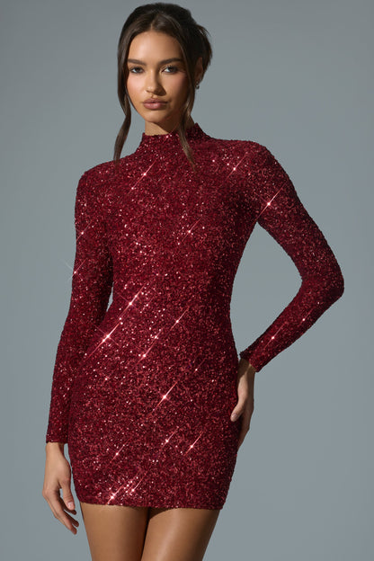 Embellished Open-Back Mini Dress in Red