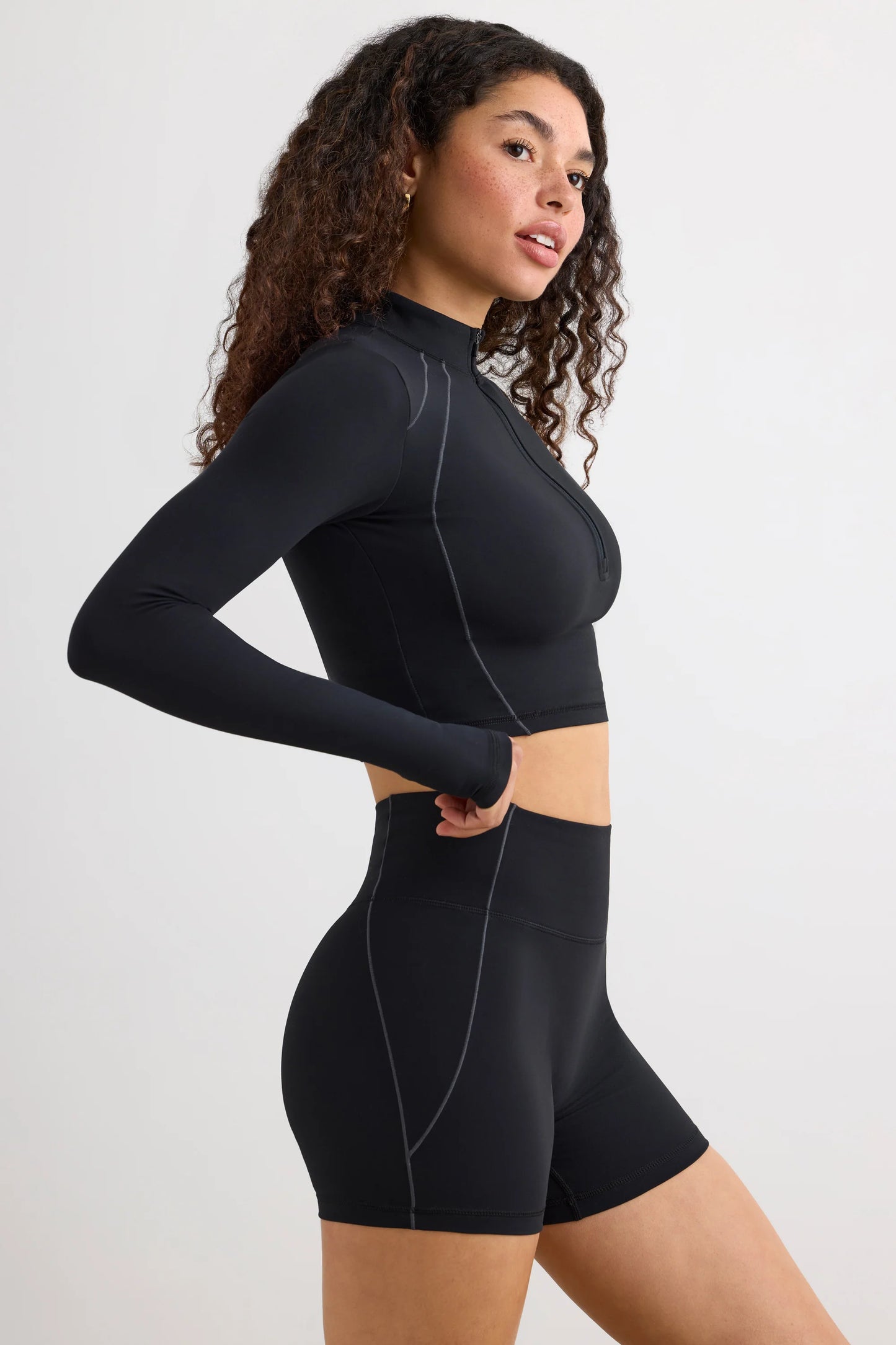 Soft Active Half Zip Crop Top in Black