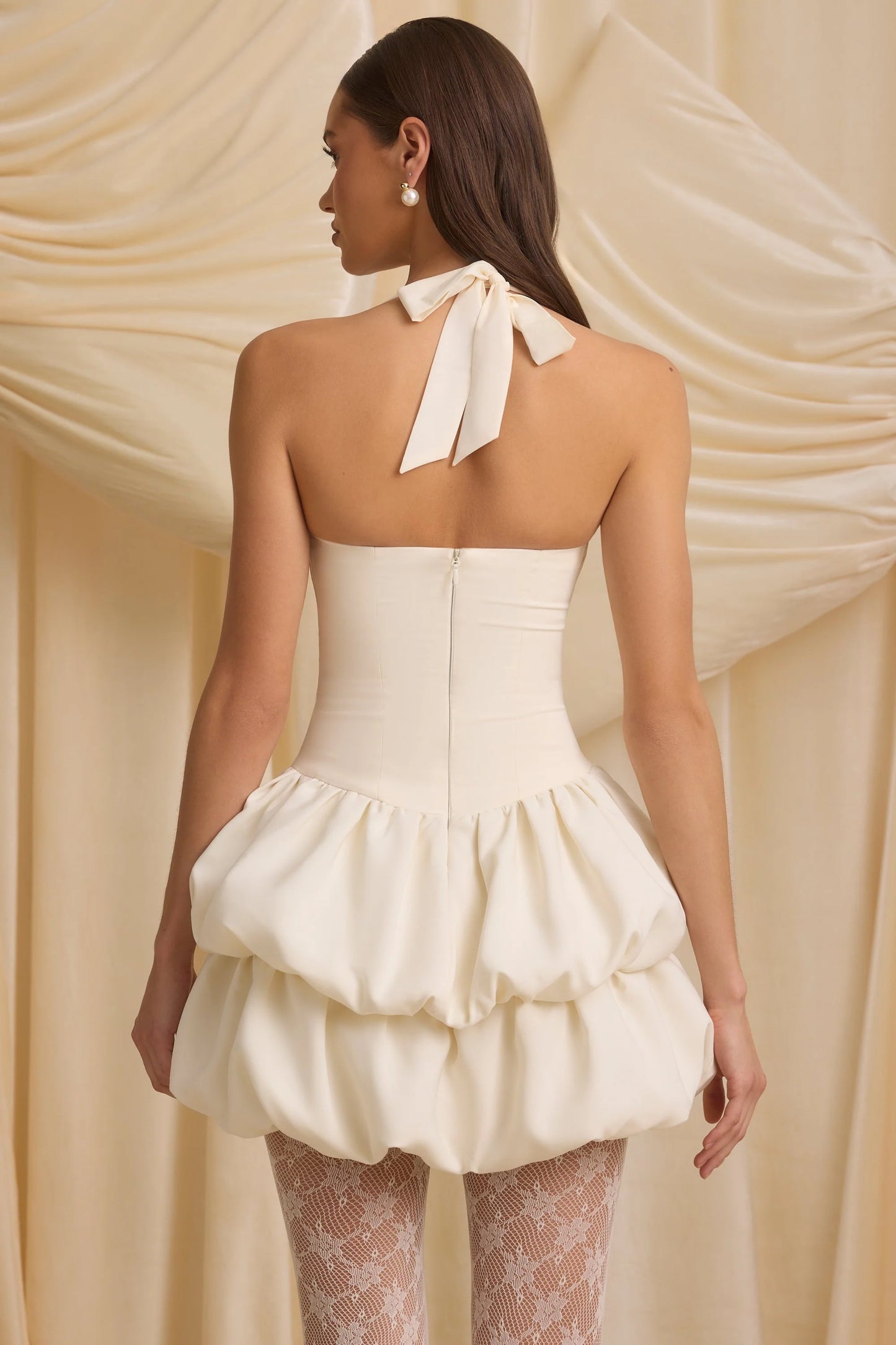 Halterneck Layered Bubble Hem Corset Mini Dress in Ivory