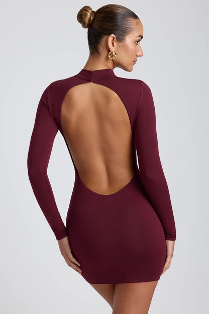 Modal Open-Back Long-Sleeve Mini Dress in Plum