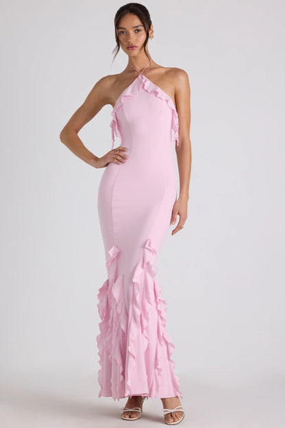 Ruffle-Trim Halterneck Gown in Soft Pink