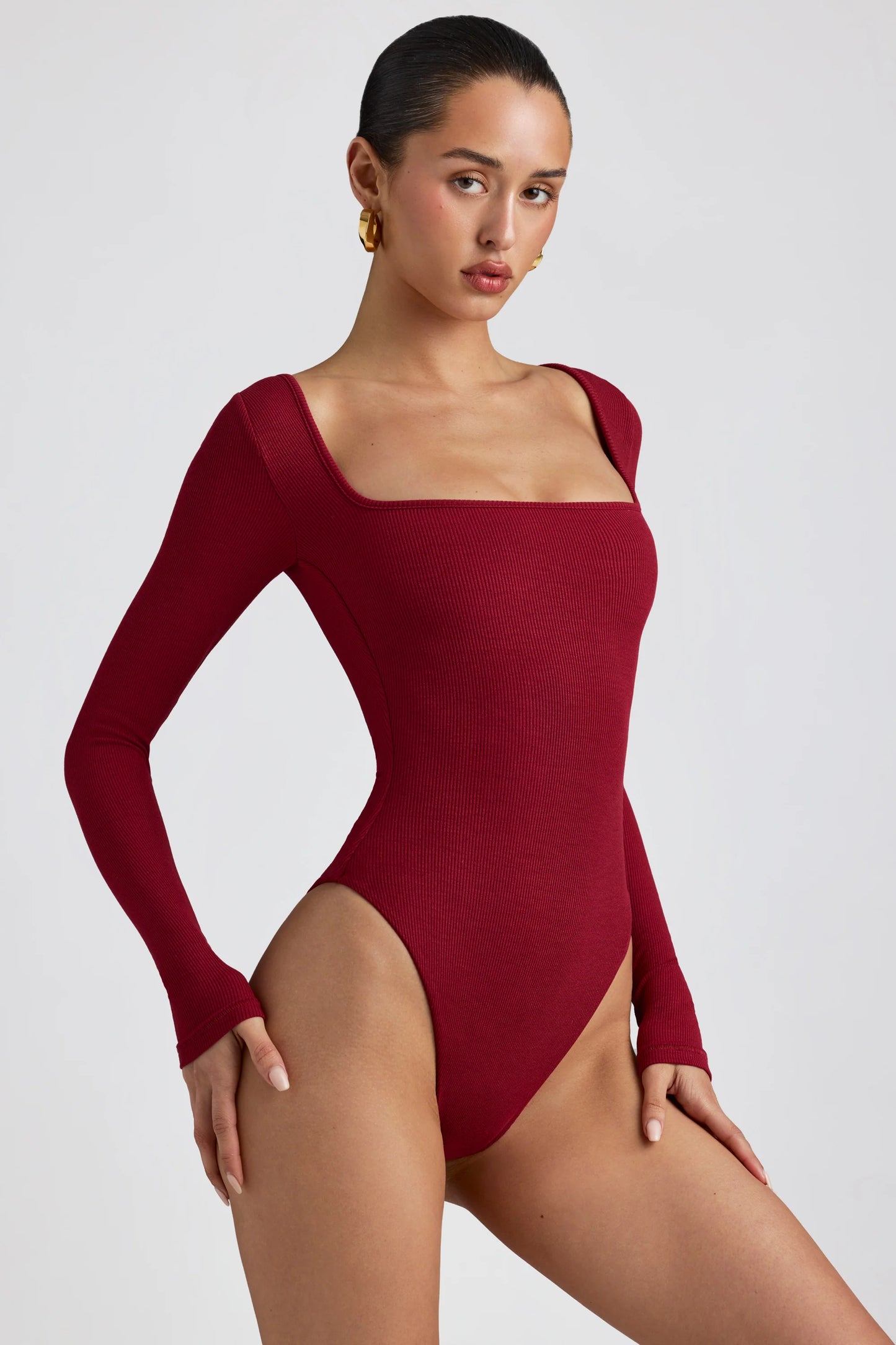 Ribbed Modal Long Sleeve Bodysuit in Maroon