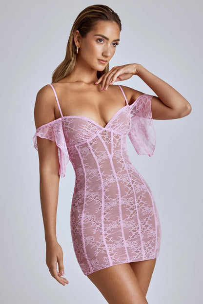 Sheer Lace A-Line Mini Dress in Baby Pink