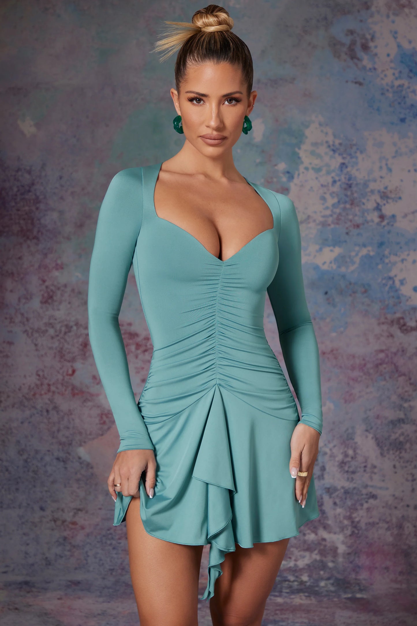 Long Sleeve Waterfall Skirt Mini Dress in Light Teal