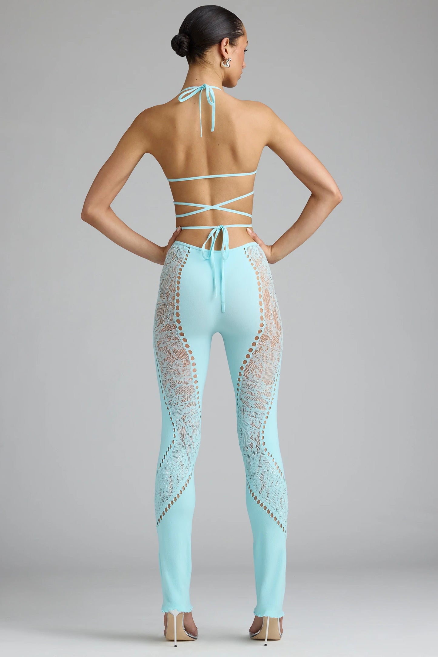 Tall Embellished Mid-Rise Flared Trousers in Ice Blue