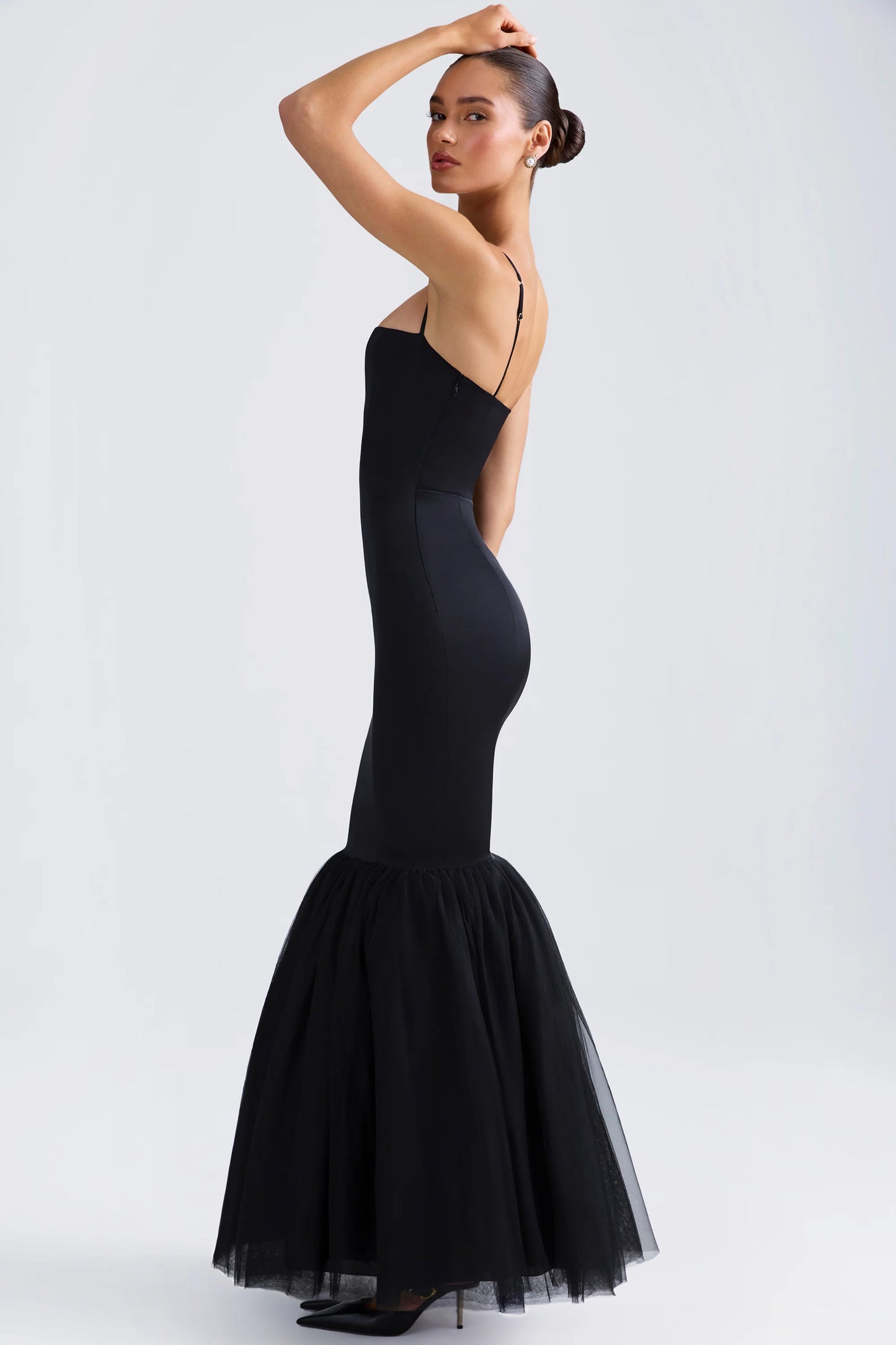 Tulle Hem Fishtail Gown in Black