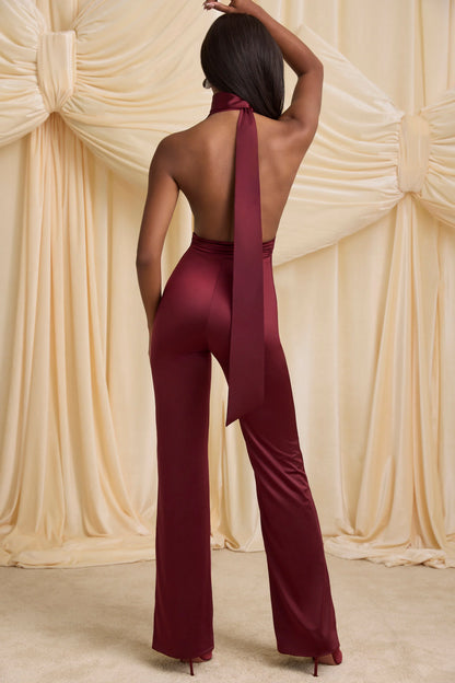 Scarf-Detail Halterneck Jumpsuit in Wine Red