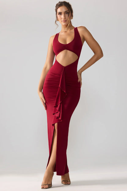 Slinky Jersey Cut Out Ruffle Racerback Maxi Dress in Ruby