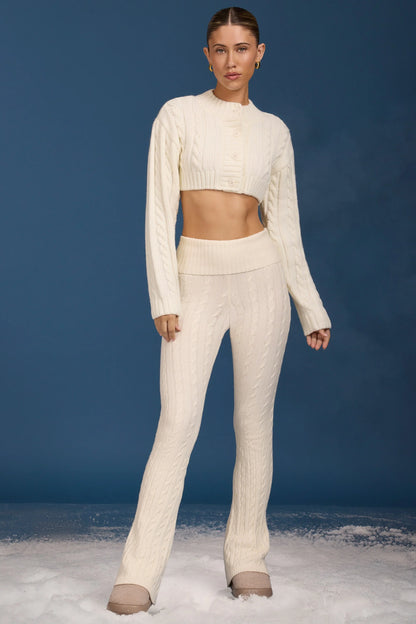 Cable-Knit Flared Trousers in Cream