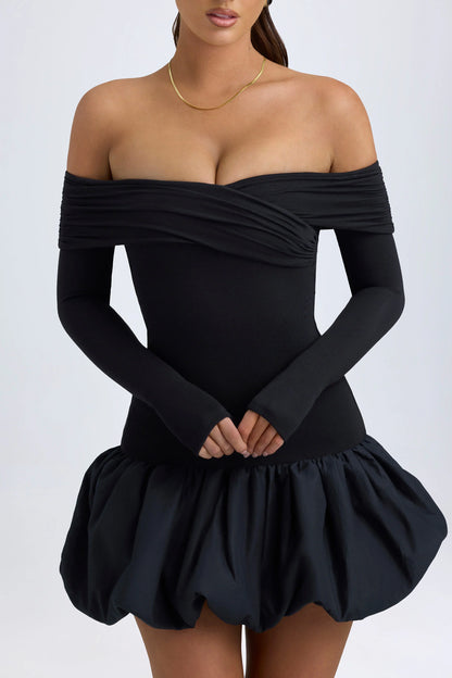 Modal Off-Shoulder Bubble Hem Mini Dress in Black