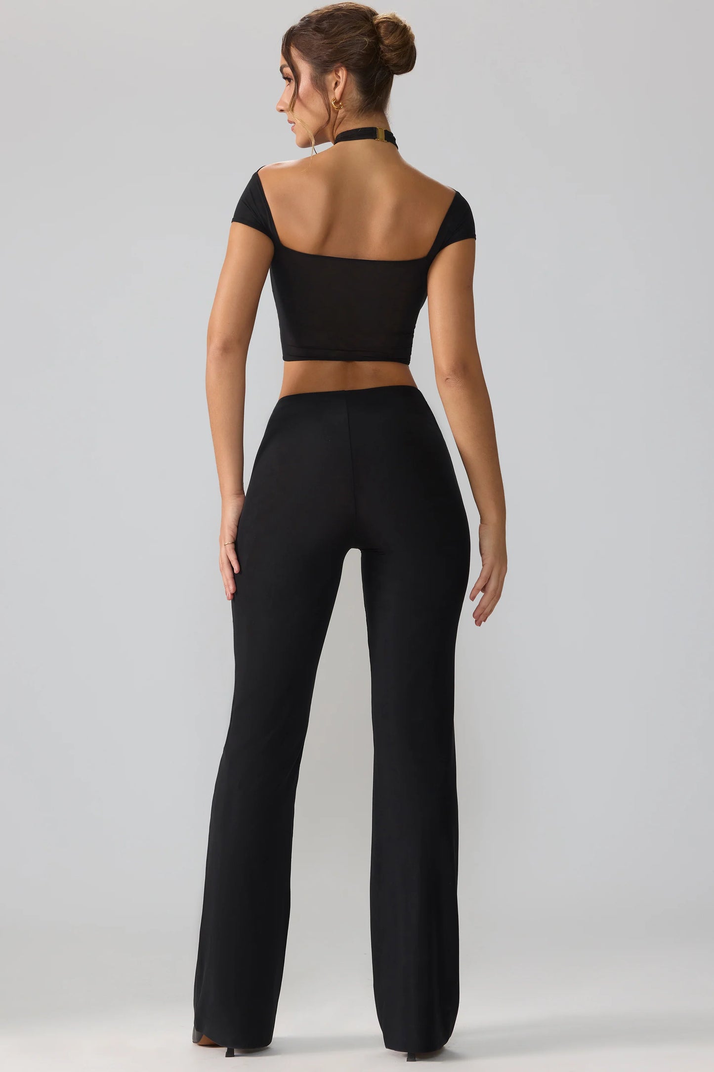 Mesh Mid Rise Twist Overlay Flare Trousers in Black