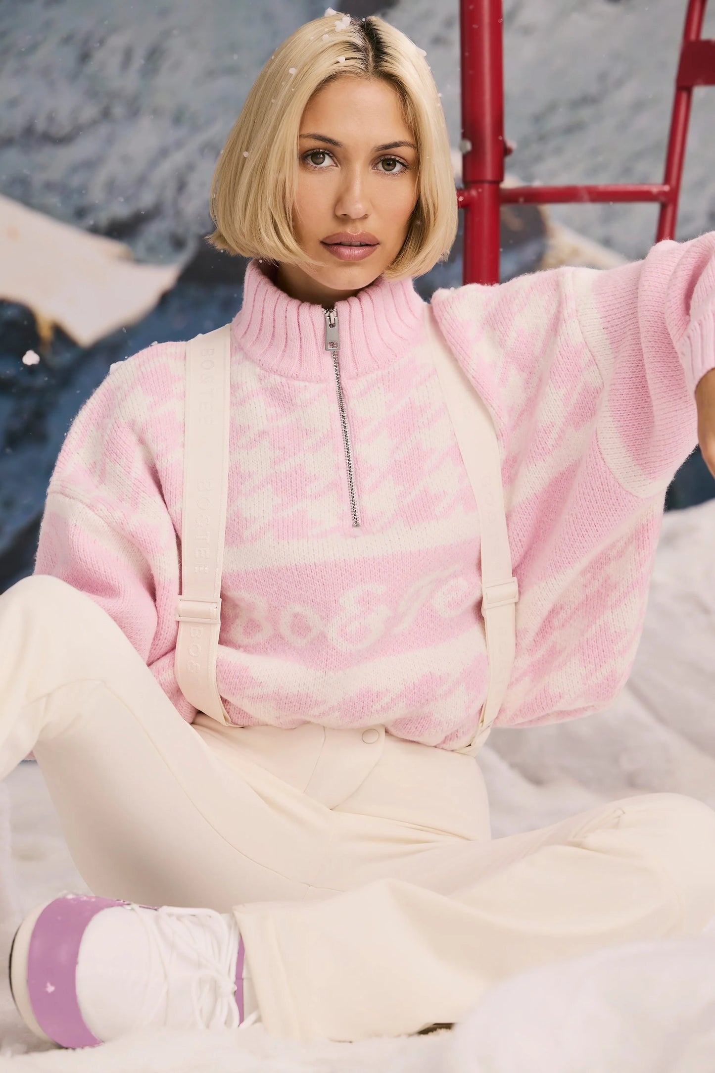 Oversized Half-Zip Chunky-Knit Jumper in Pastel Pink