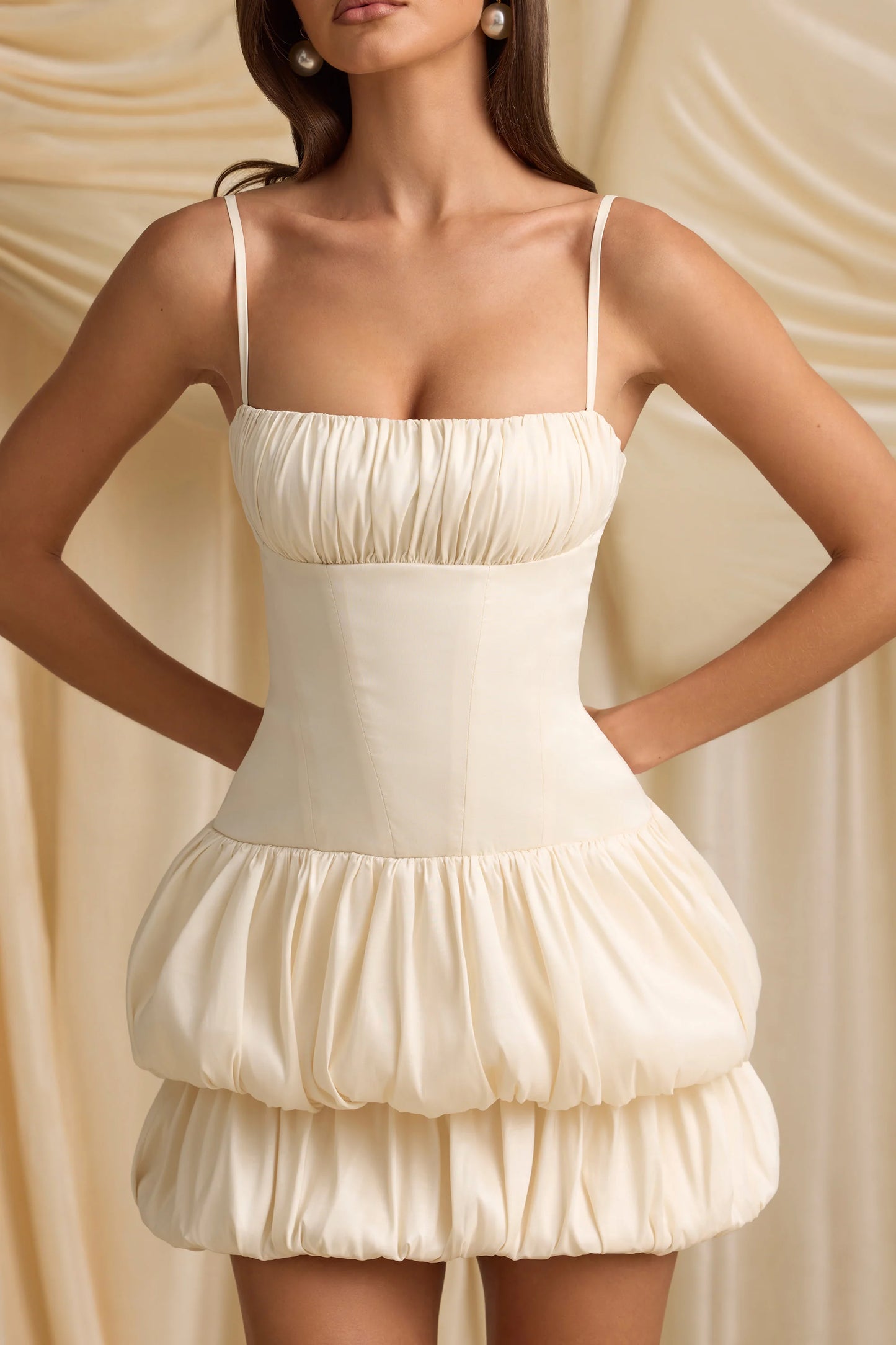 Layered Bubble Hem Corset Mini Dress in Ivory