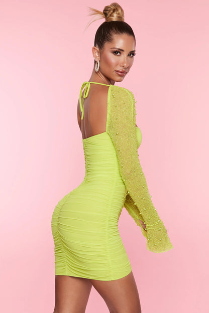 Embellished Long Sleeve Mini Dress in Lime