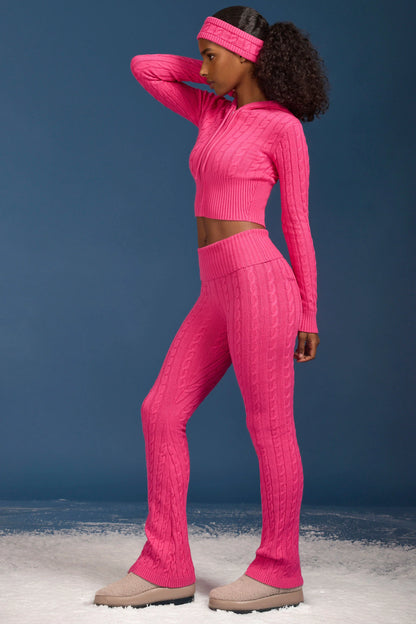 Cable-Knit Flared Trousers in Hot Pink