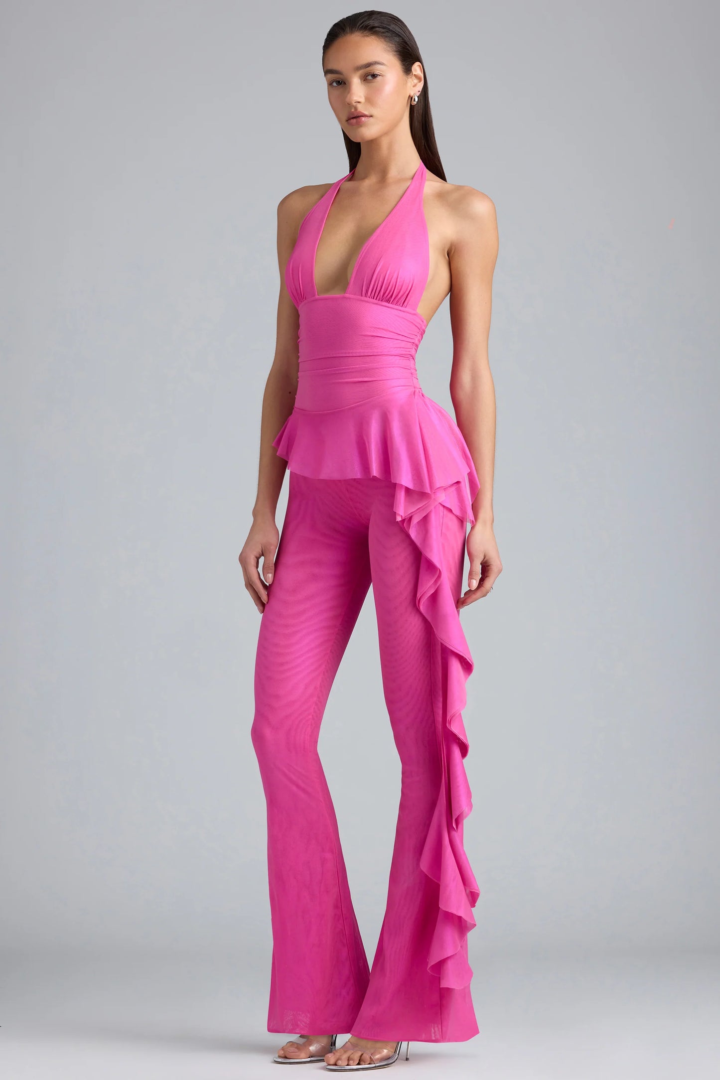 Metallic Ruffle Low-Rise Flared Trousers in Bubblegum Pink