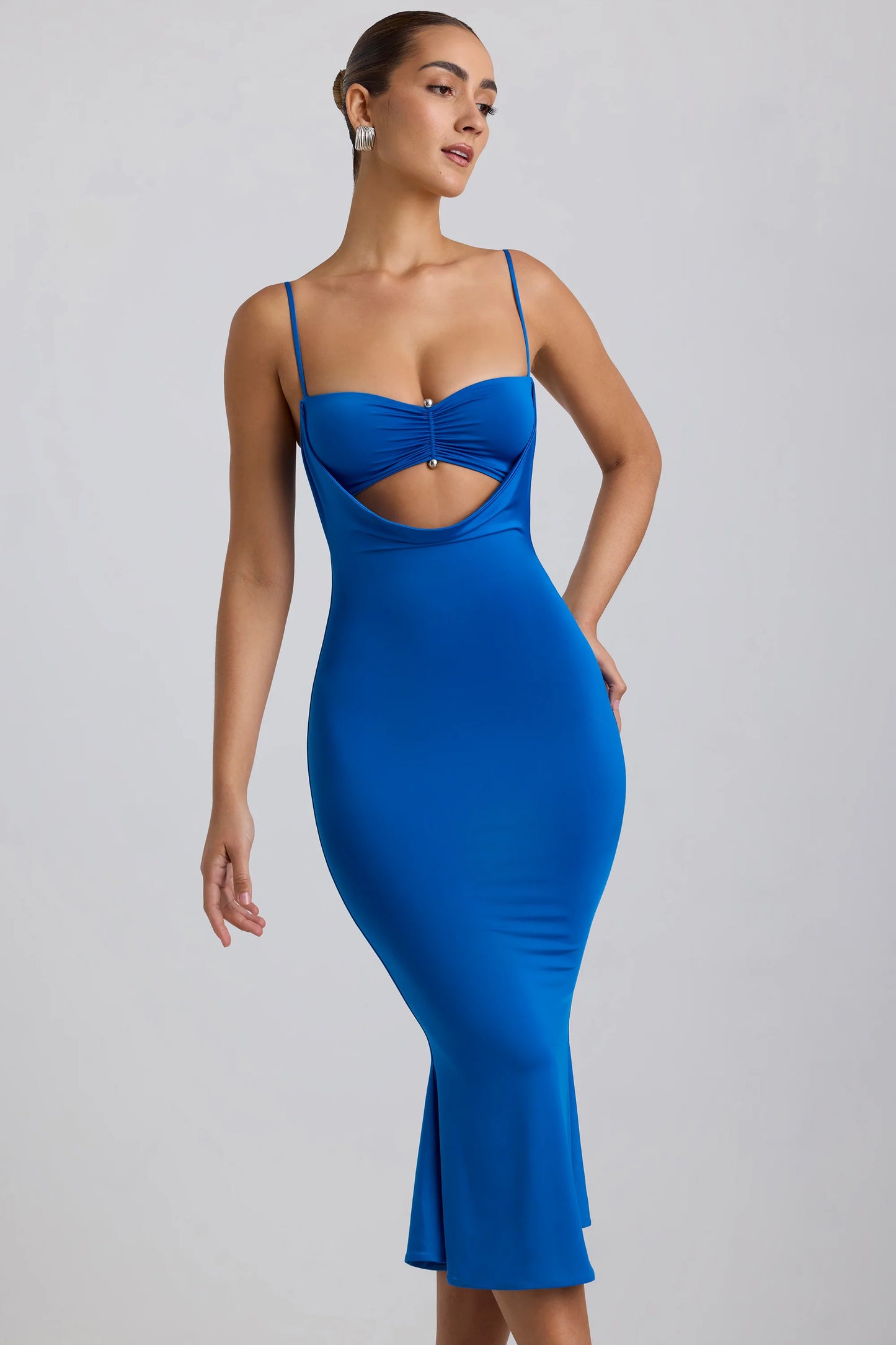 Slinky Jersey Ruched Cut-Out Midaxi Dress in Cobalt Blue