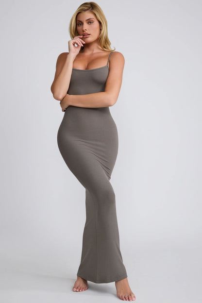 Ribbed Modal Square Neck Maxi Dress in Grey