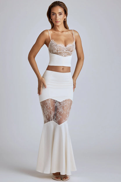 Lace Panel Fishtail Gown Skirt in Ivory