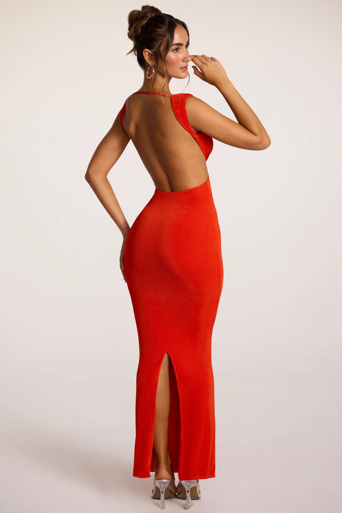 Textured Jersey Plunge Neck Maxi Dress in Fiery Red