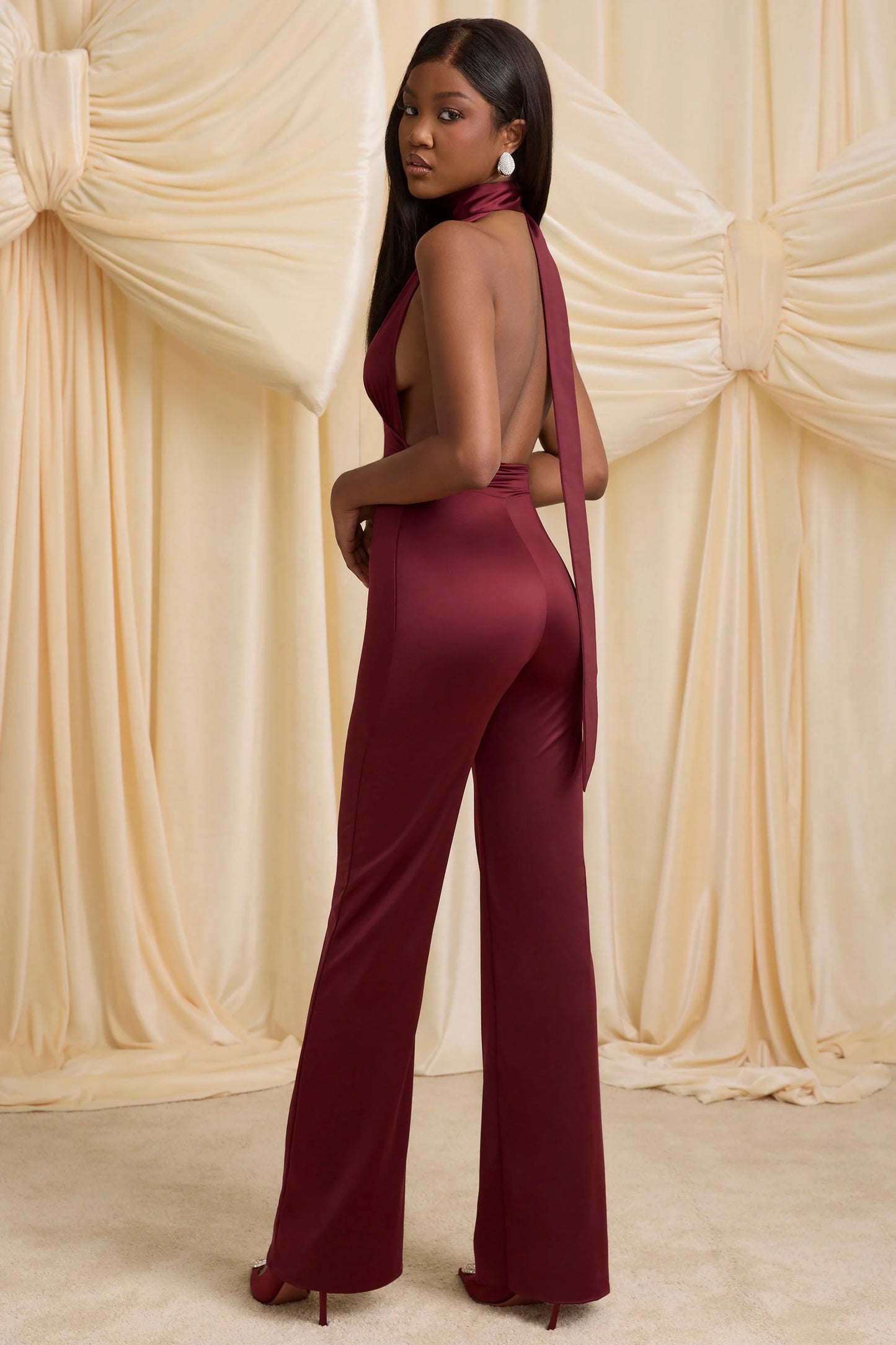 Scarf-Detail Halterneck Jumpsuit in Wine Red