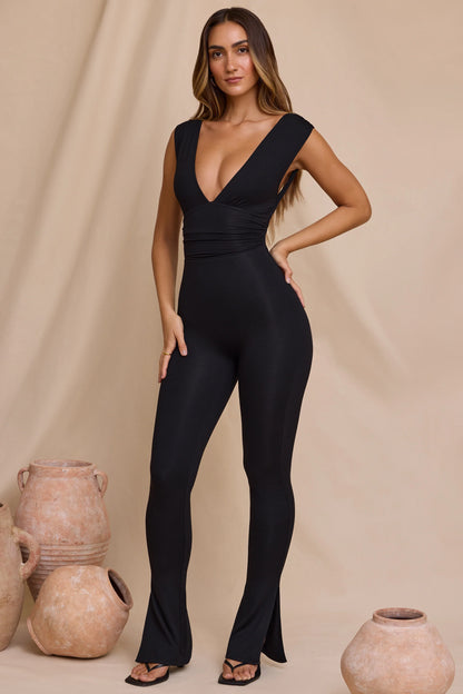 Plunge Neck Ruched Waist Jumpsuit in Black