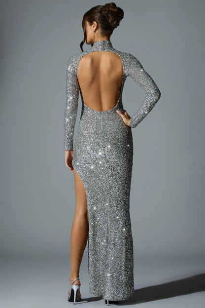 Embellished Open-Back Gown in Silver