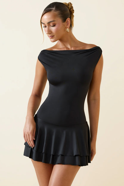 Off-Shoulder Ruffled Mini Dress in Black