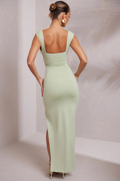 High Split Plunge Neck Maxi Dress in Sage