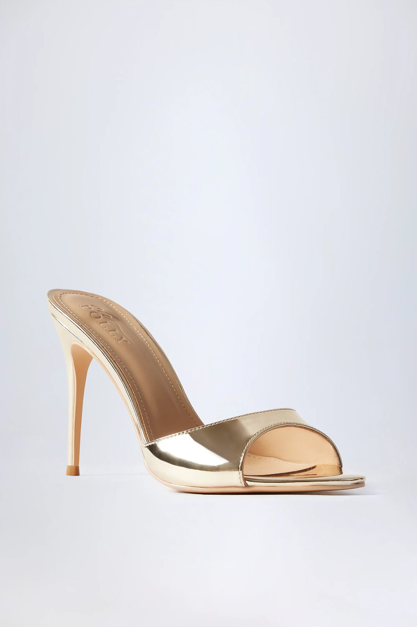 Almond-Toe Heeled Mules in Mirrored Gold