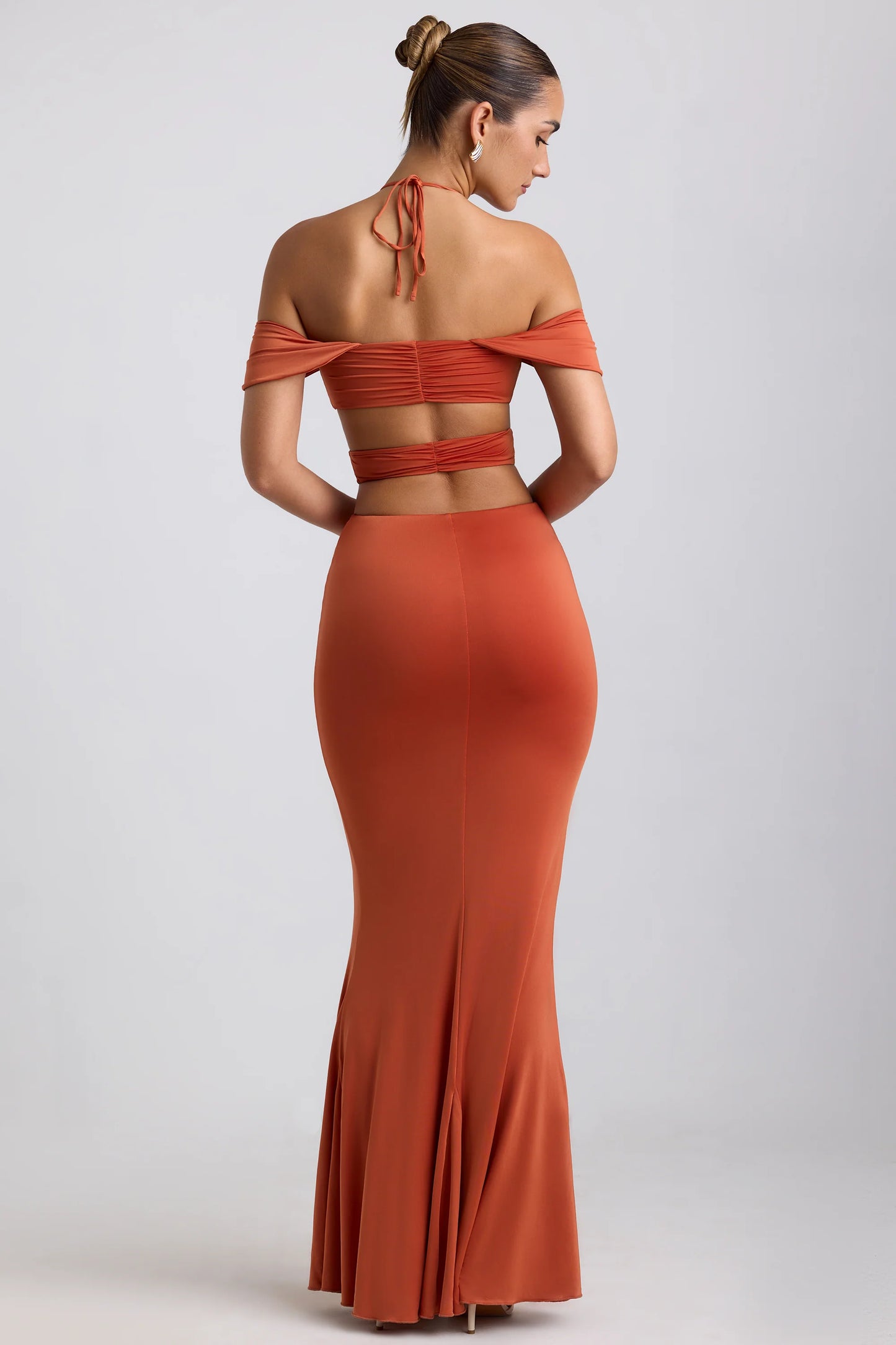 Slinky Jersey Cut-Out Halterneck Gown in Burnt Orange