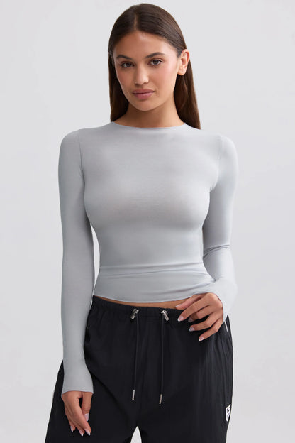 Sheer Long-Sleeve Top in Ice Grey