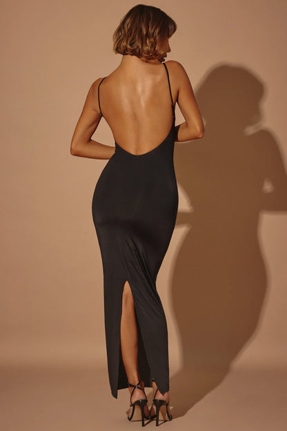 Ruched Bodycon Maxi Dress in Black